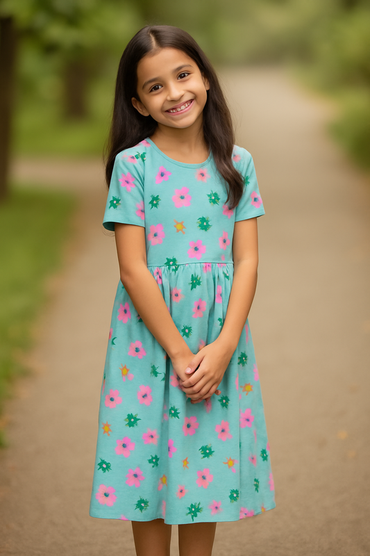 Green flowers casual frock