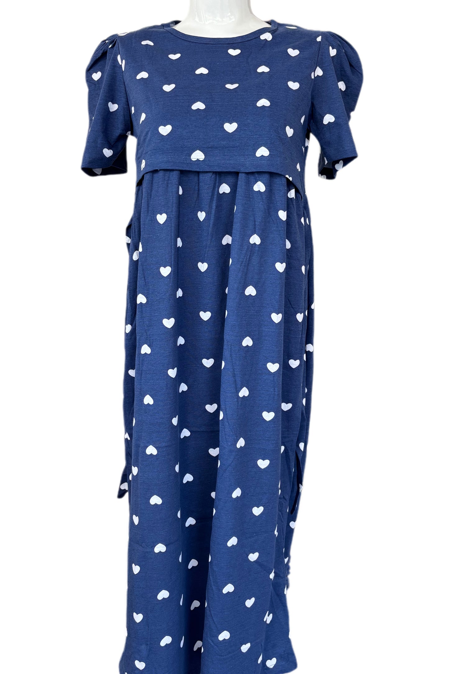Navy heart puff sleeve Maternity & Feeding maxi