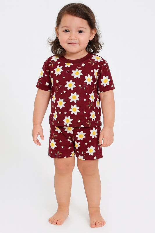 Maroon floral Tshirt Shorts Coord set
