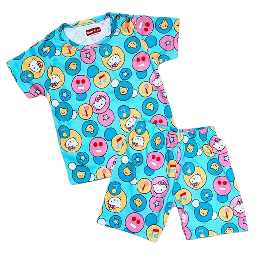 Green kitty Tshirt Shorts Coord set